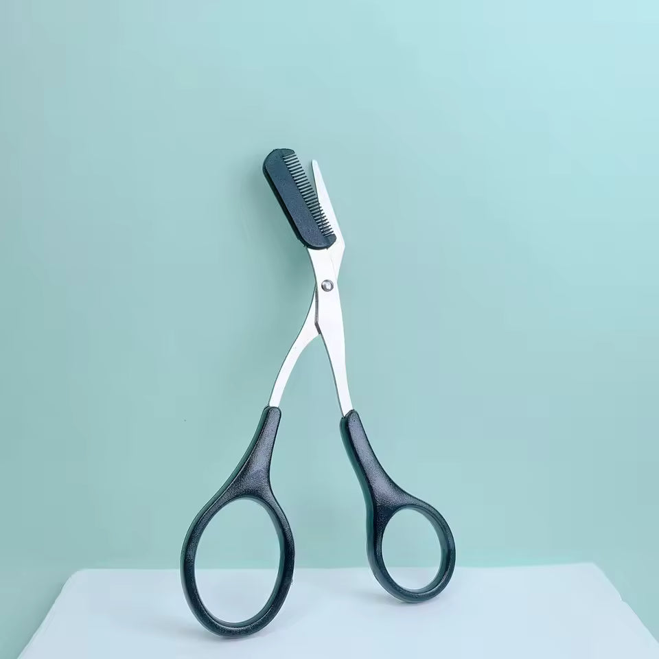 Pink eyebrow trimming scissors with built-in comb - stainless steel, precise grooming tool, creating perfect eyebrows
