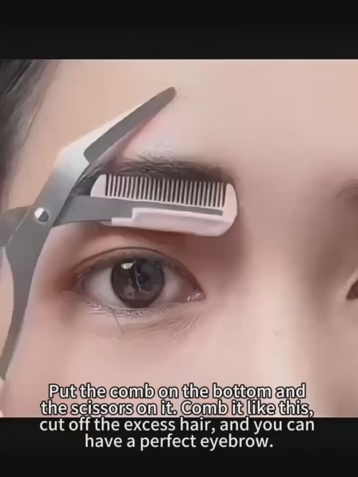 Pink eyebrow trimming scissors with built-in comb - stainless steel, precise grooming tool, creating perfect eyebrows